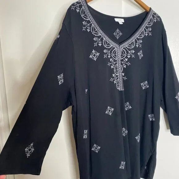 J. Jill V neck pullover tunic blouse black 3/4 sleeve cotton/tencel  3X - Picture 5 of 7